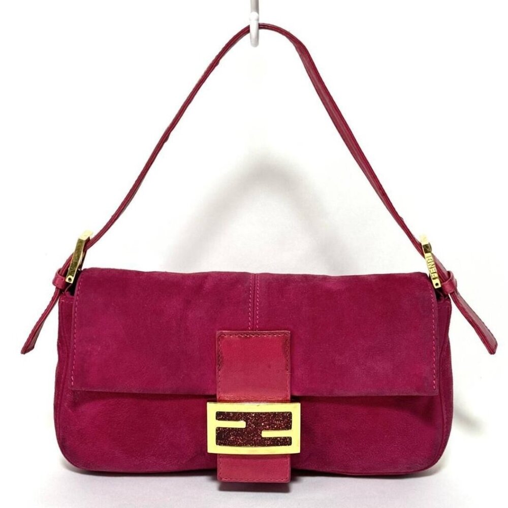 Authentic FENDI Mamma Baguette Pink Suede Gold Glitter Flap Shoulder Bag Purse - Picture 1 of 8